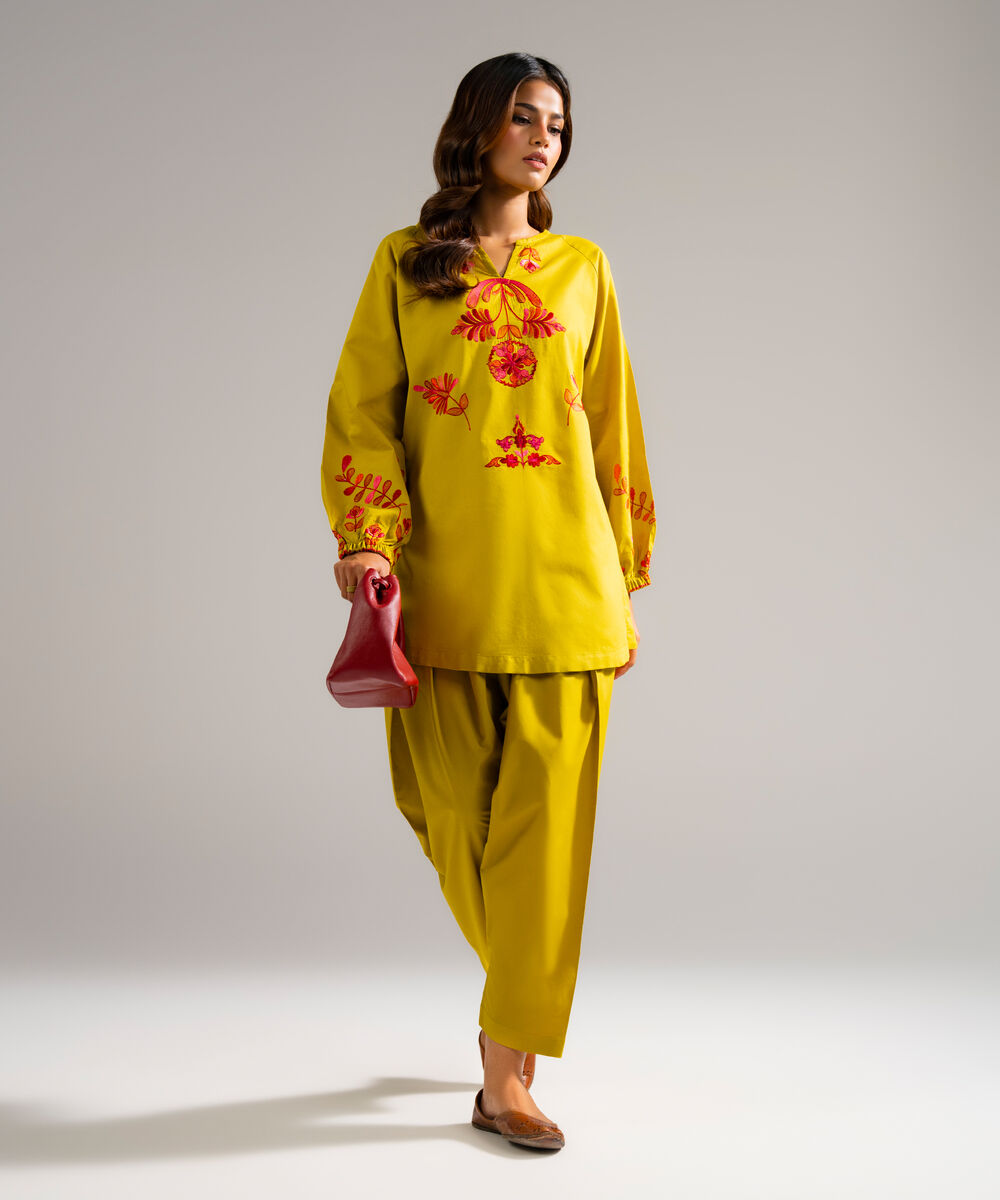 Women's RTW Dobby Embroidered Yellow Straight Shirt