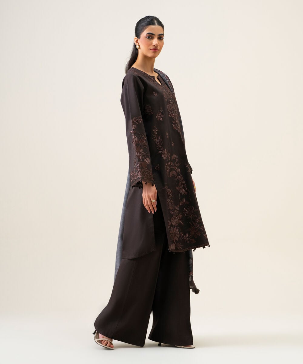 Women's Unstitched Cotton Twill Embroidered Dark Brown 3 Piece Suit