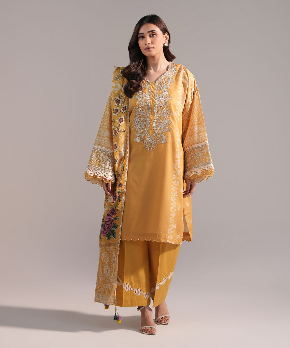 Women's RTW Zari Lawn Embroidered Yellow 3 Piece Suit