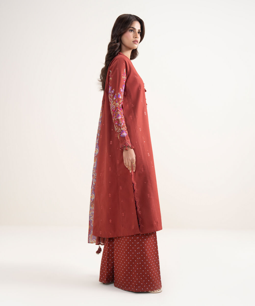 Women's Unstitched Textured Lawn Red Embroidered 3 Piece Suit