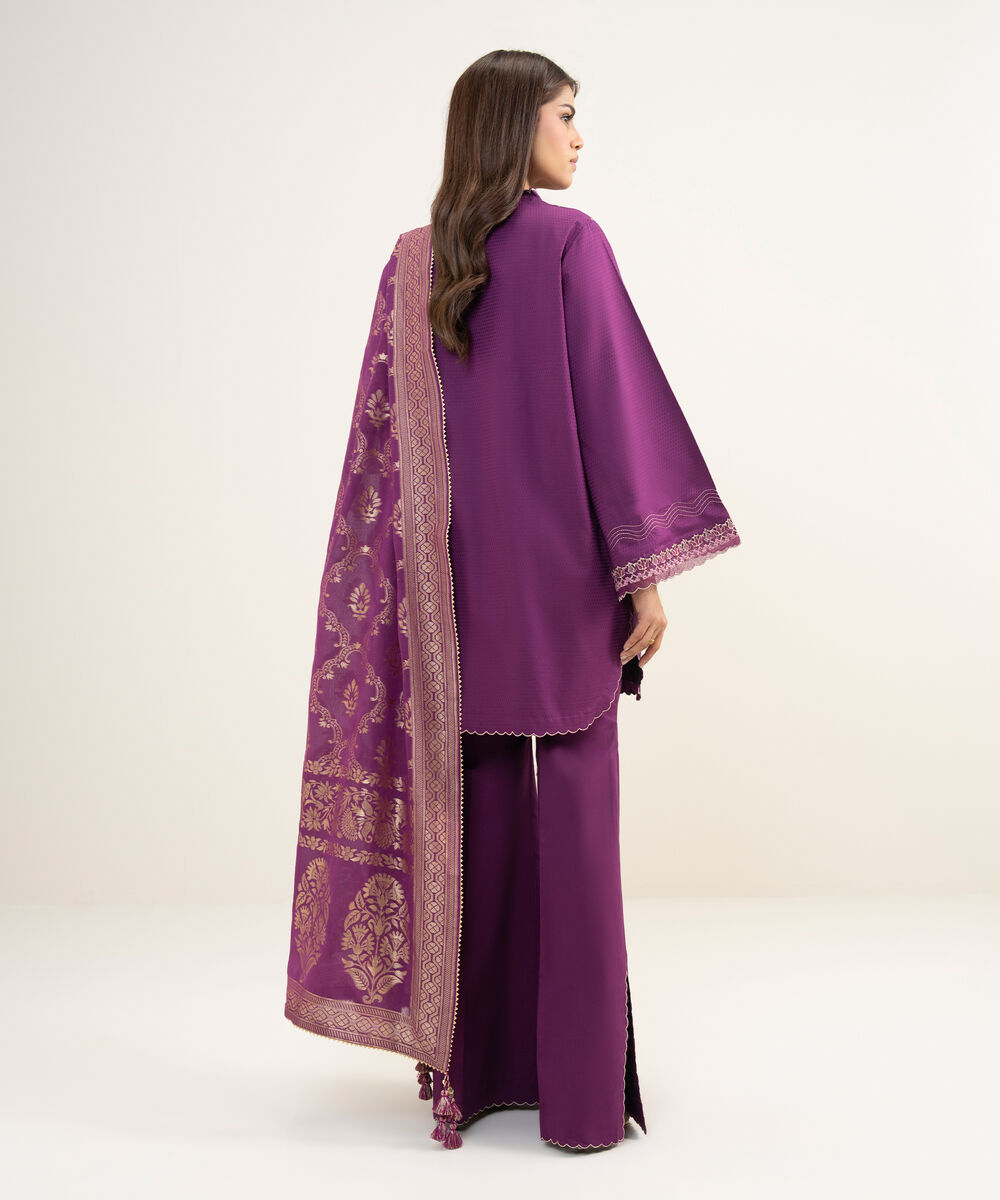 Women's Unstitched Dobby Embroidered Purple 3 Piece Suit