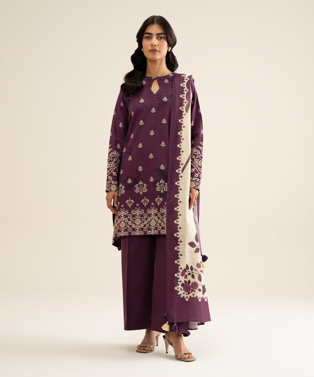 Women's Unstitched Light Khaddar Printed Plum 3 Piece Suit