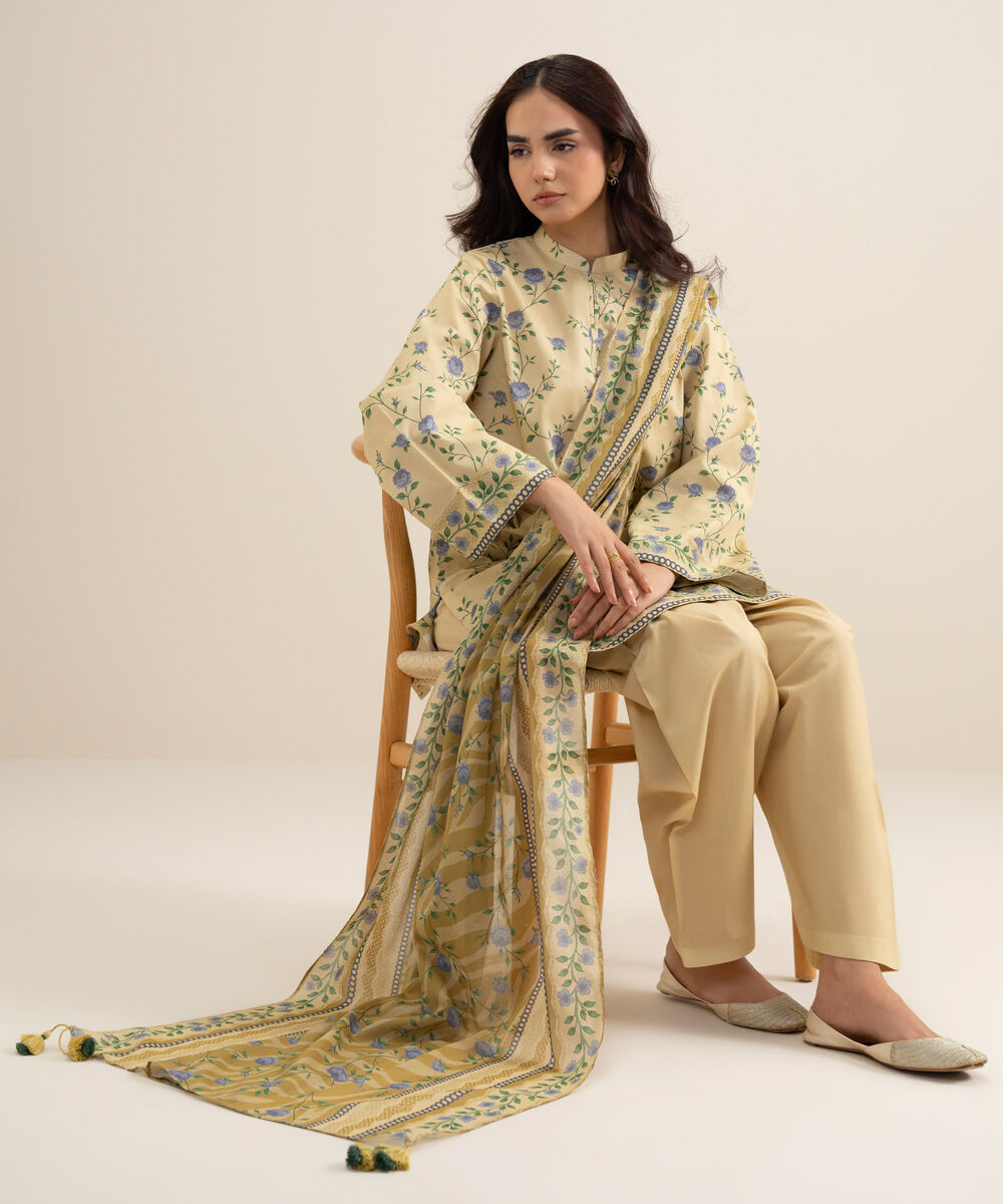 Women's Unstitched Lawn Printed Lime Yellow 3 Piece Suit