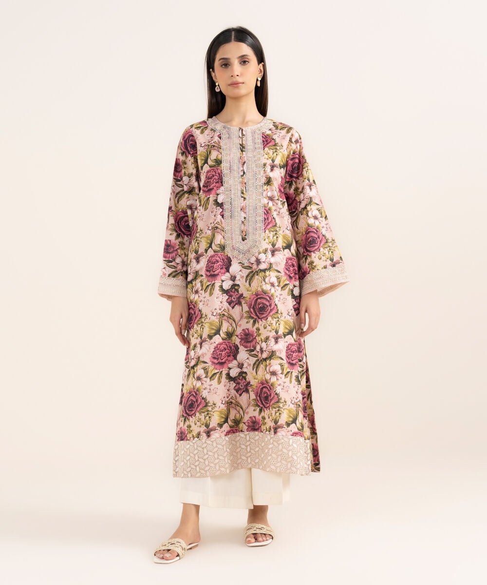 Women's RTW Textured Lawn Pink Embroidered Straight Shirt