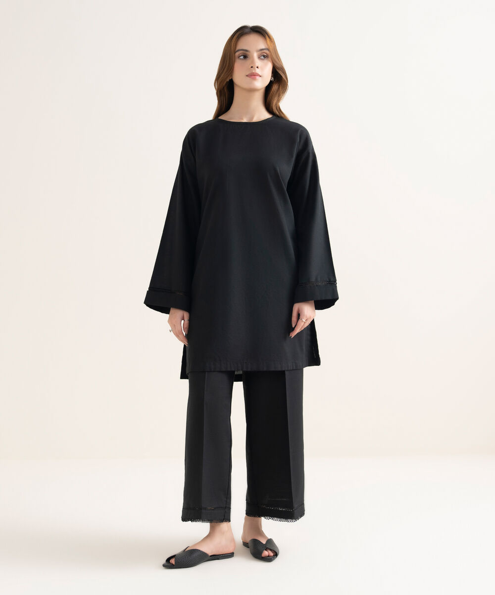 Women's RTW Khaddar Solid Drop Shoulder Black Shirt