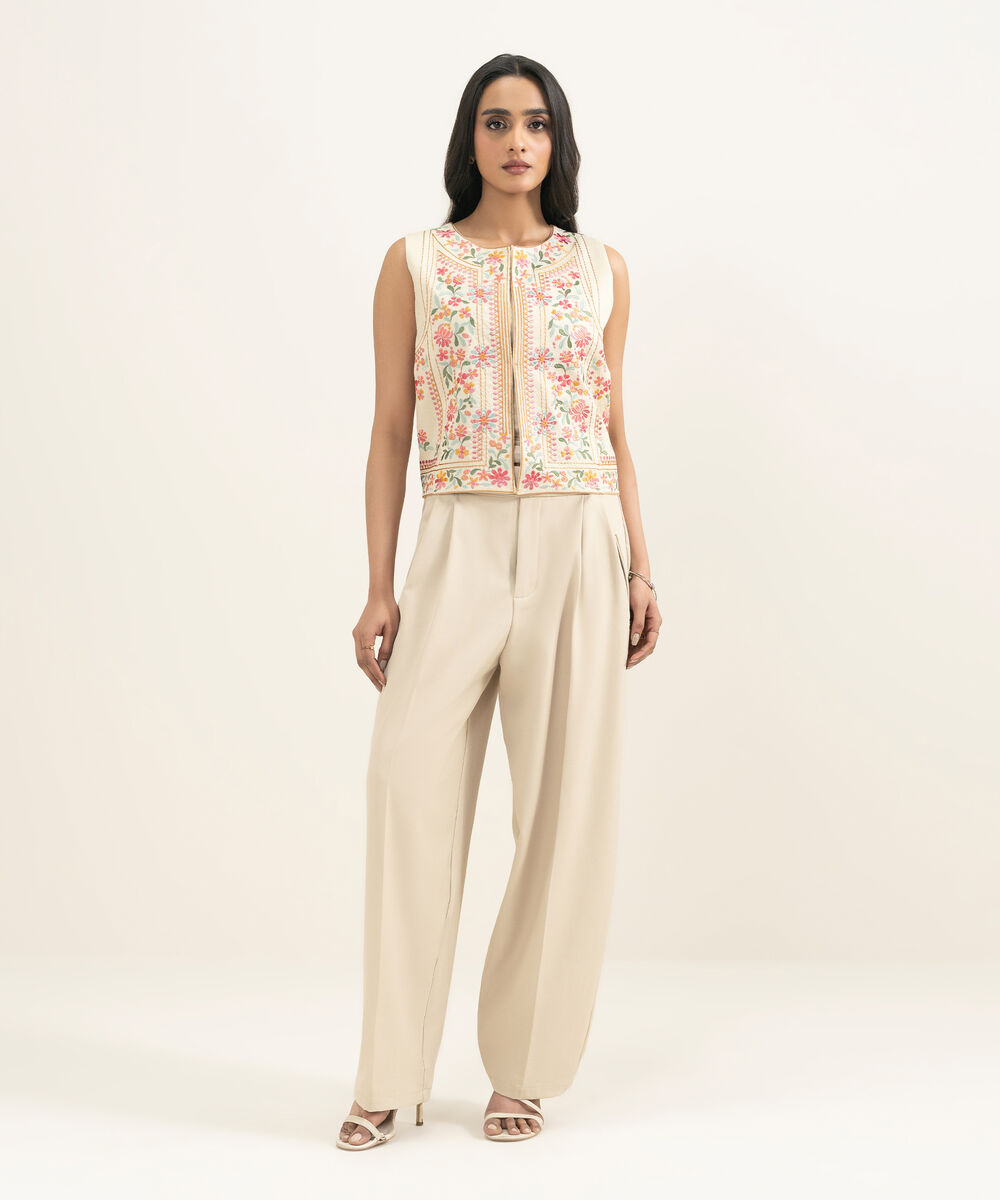 Women's RTW Dobby Embroidered Off White Waistcoat