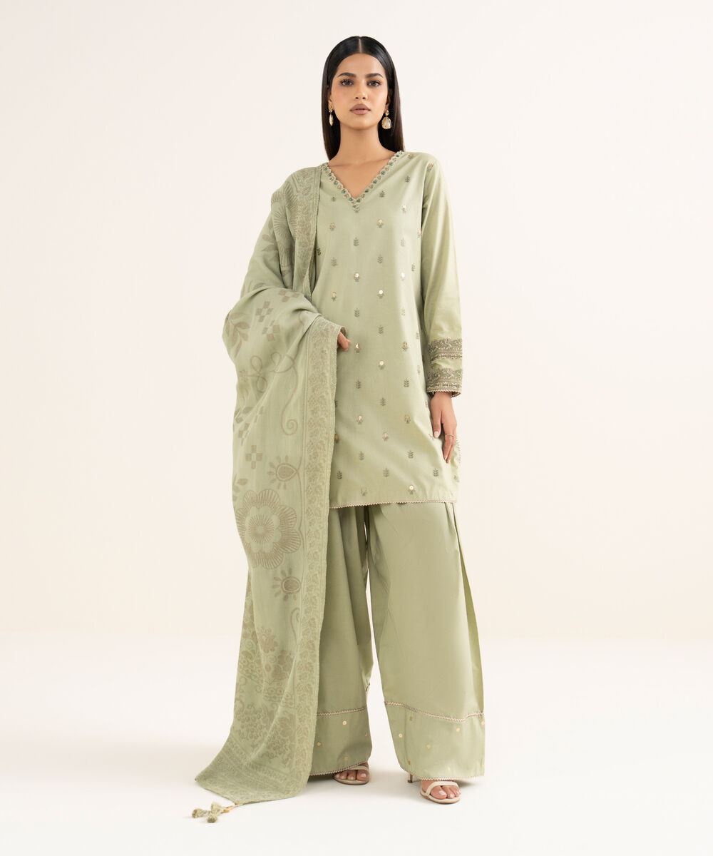 Women's Unstitched Embroidered Cotton Moss Green 3 Piece Suit