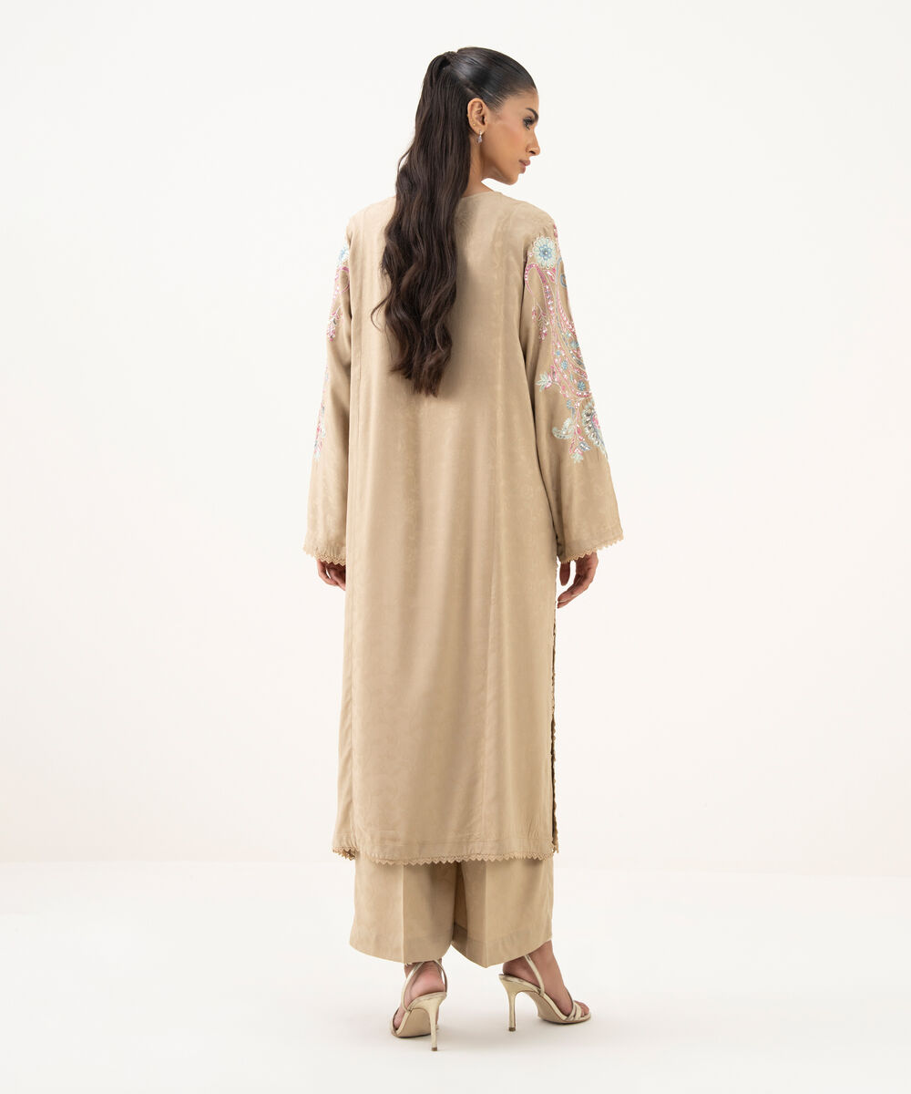 Women's RTW Textured Viscose Embroidered A-Line Beige Shirt