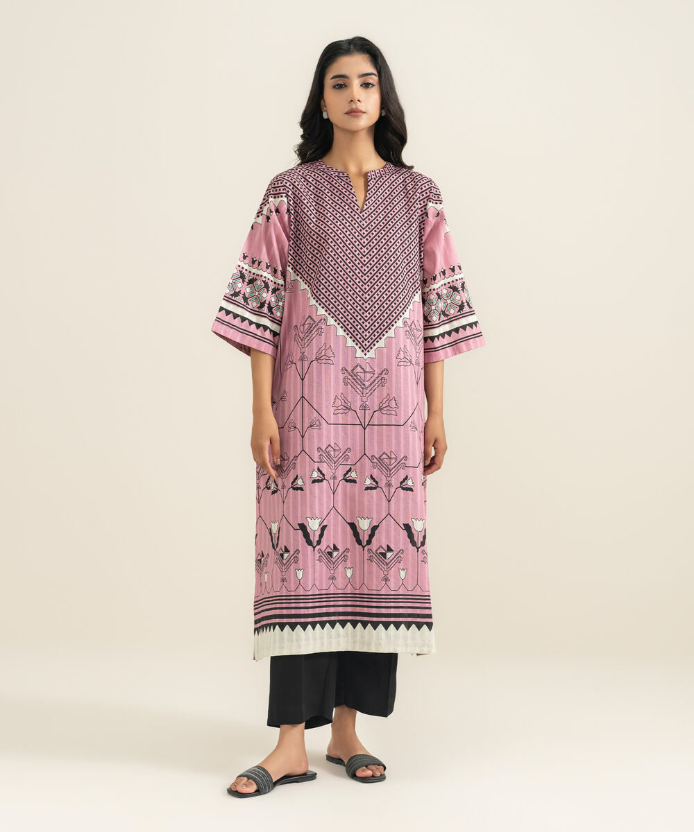 Women's RTW Textured Cotton Printed Pink A-Line Shirt