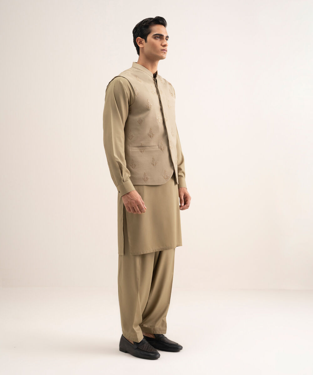 Men'S Stitched Khaki Cotton Dobby Waistcoat