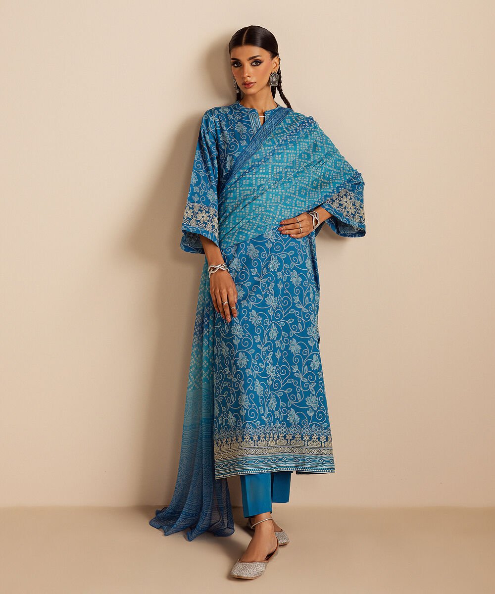 3 Piece - Embroidered Lawn Suit Women's Unstitched Lawn Embroidered Blue 3 Piece Suit
