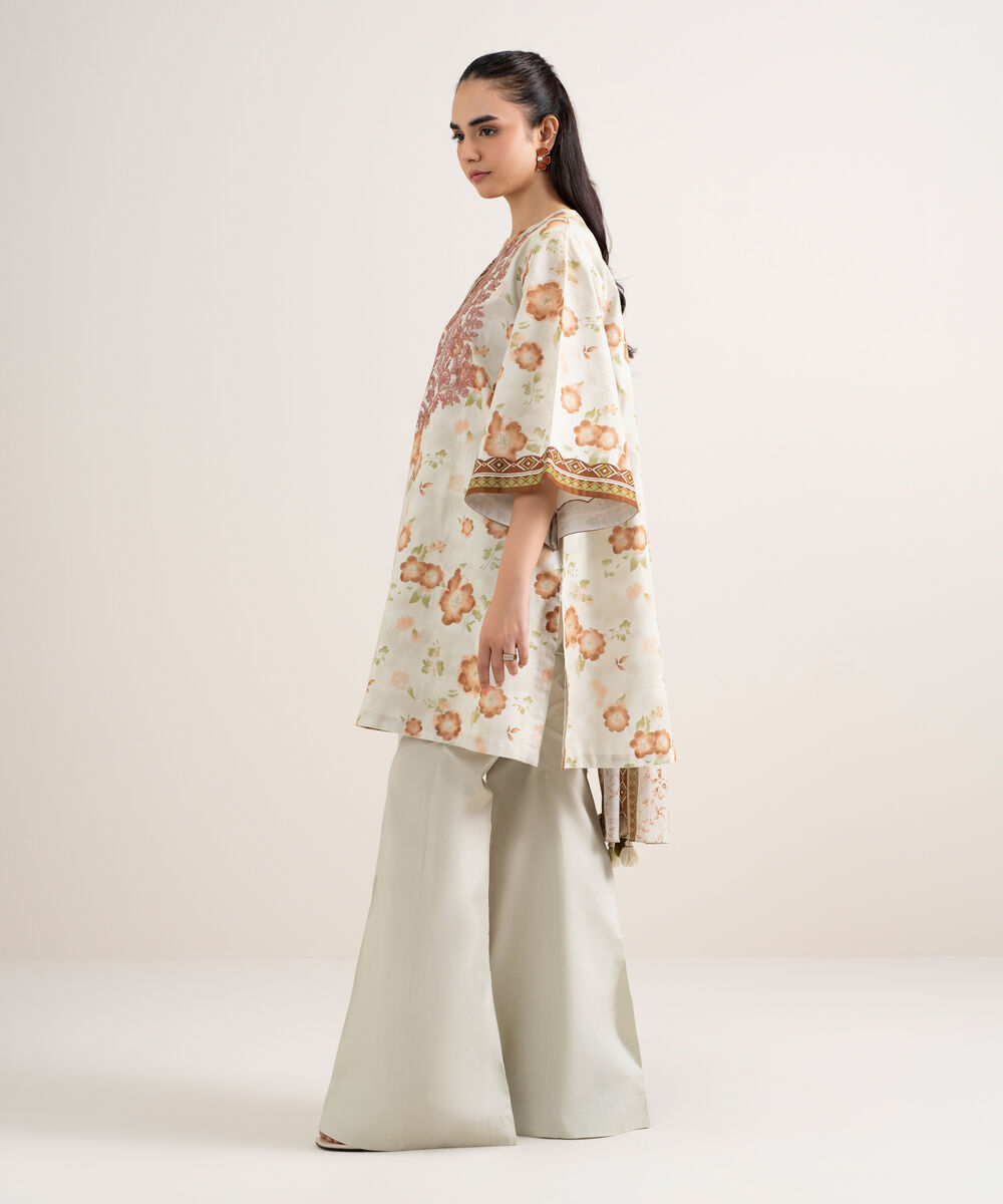 Women's Unstitched Lawn Embroidered Beige 3 Piece Suit