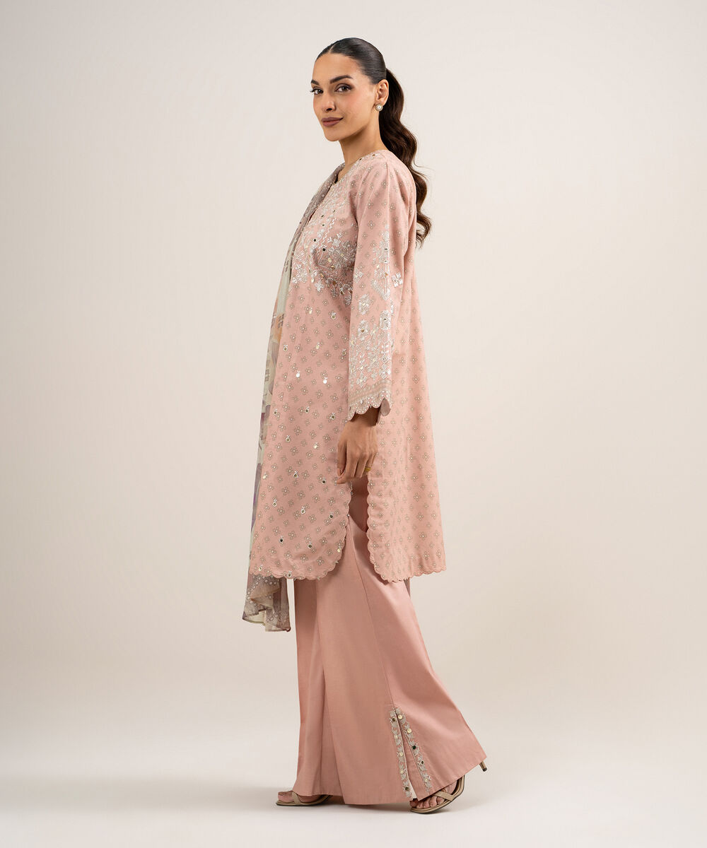 Women's Unstitched Zari Lawn Embroidered Pink 3 Piece Suit