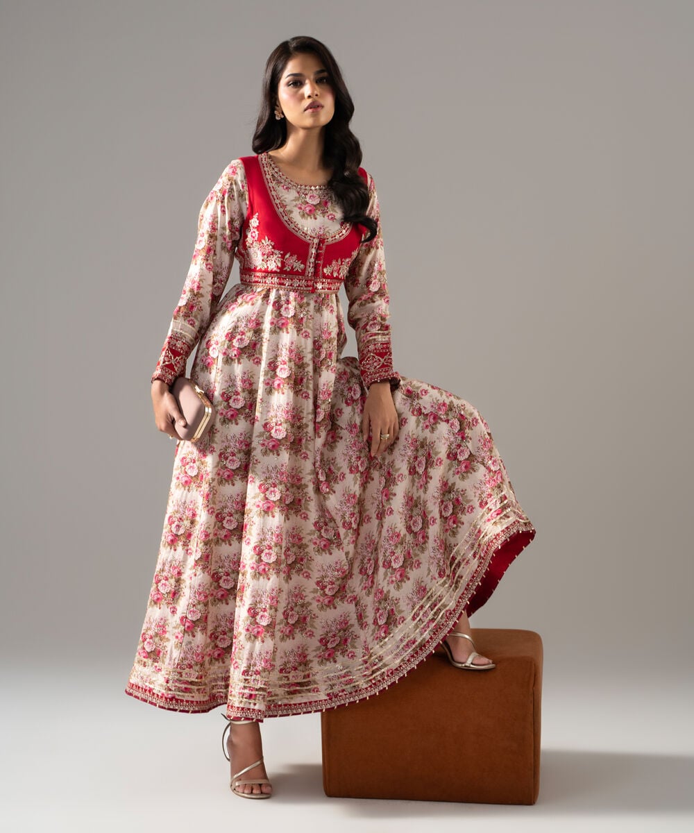 Women's RTW Bright Raw Silk Printed Off White Dress