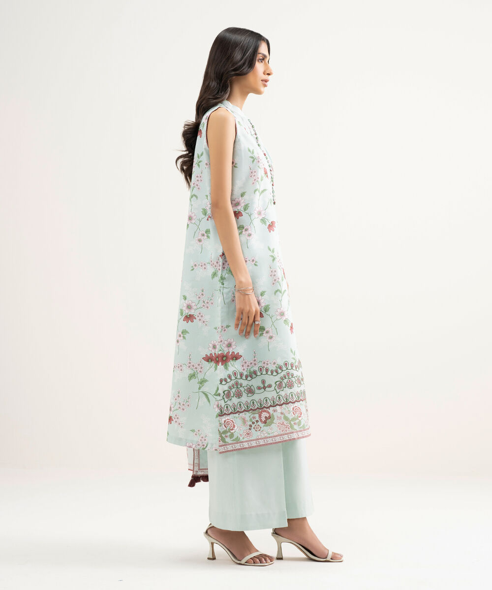 Women's Unstitched Zari Lawn Embroidered Blue 3 Piece Suit