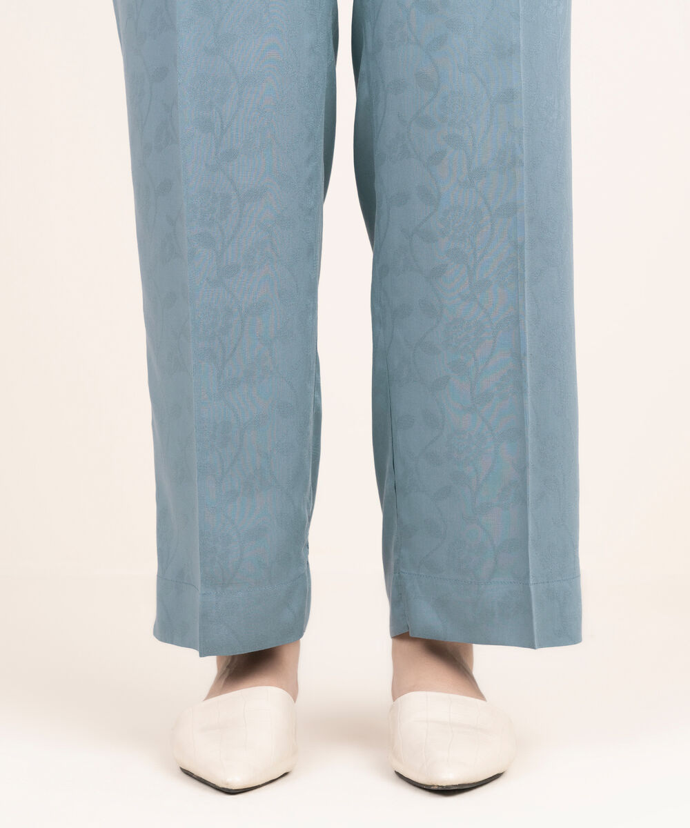 Women's RTW Arabic Self Jacquard Solid Blue Straight Pants