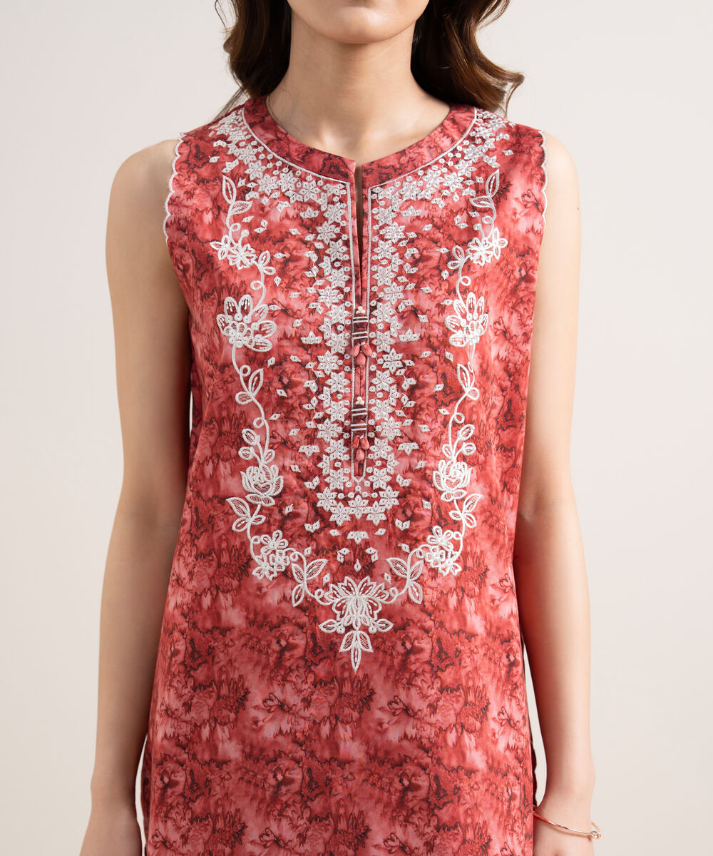 Women's Unstitched Lawn Embroidered Red 3 Piece Suit