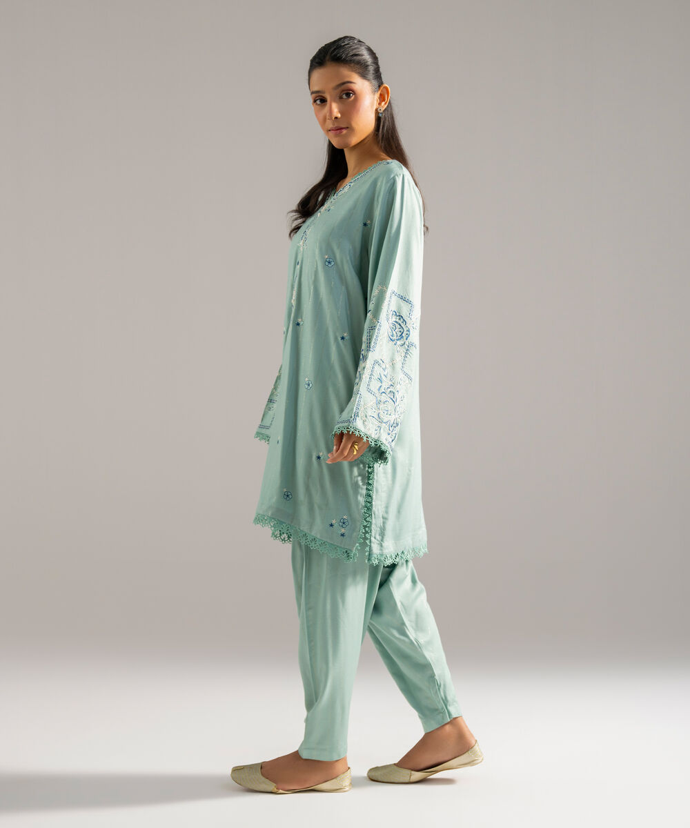 Women's RTW Dobby Crepe Lurix Solid Embroidered Seaform Green Straight Shirt