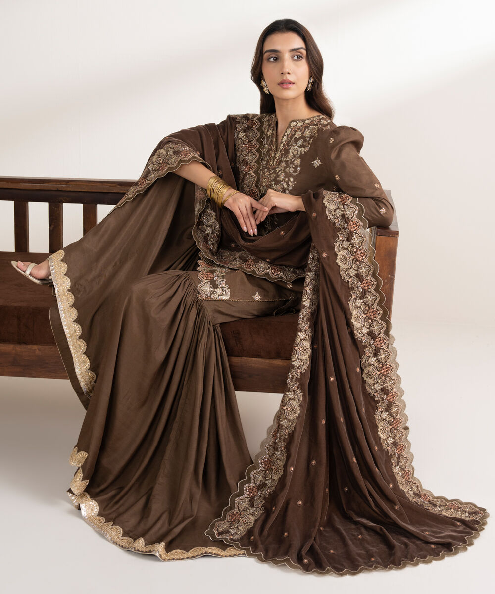 Women's Unstitched Embroidered Viscose Raw Silk Brown 3 Piece Suit