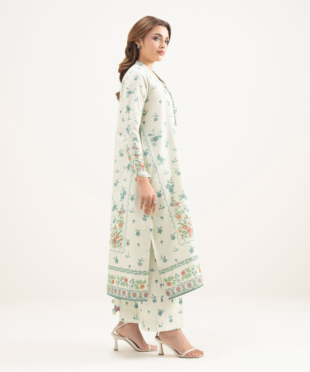 Women's Unstitched Zari Lawn Printed Off White 3 Piece Suit