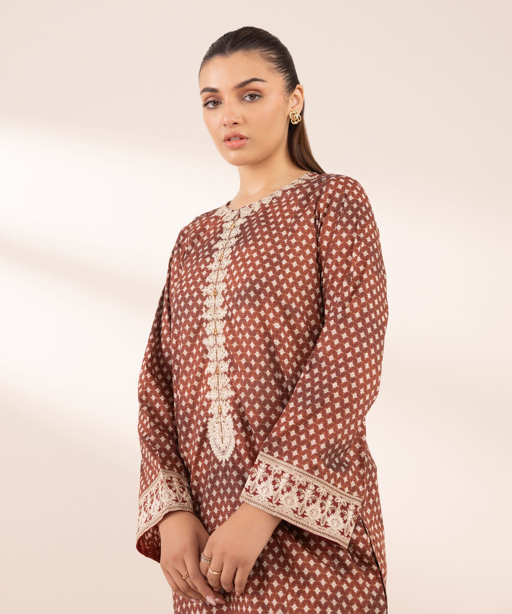 Women's RTW Lawn Brown Embroidered A-Line Shirt