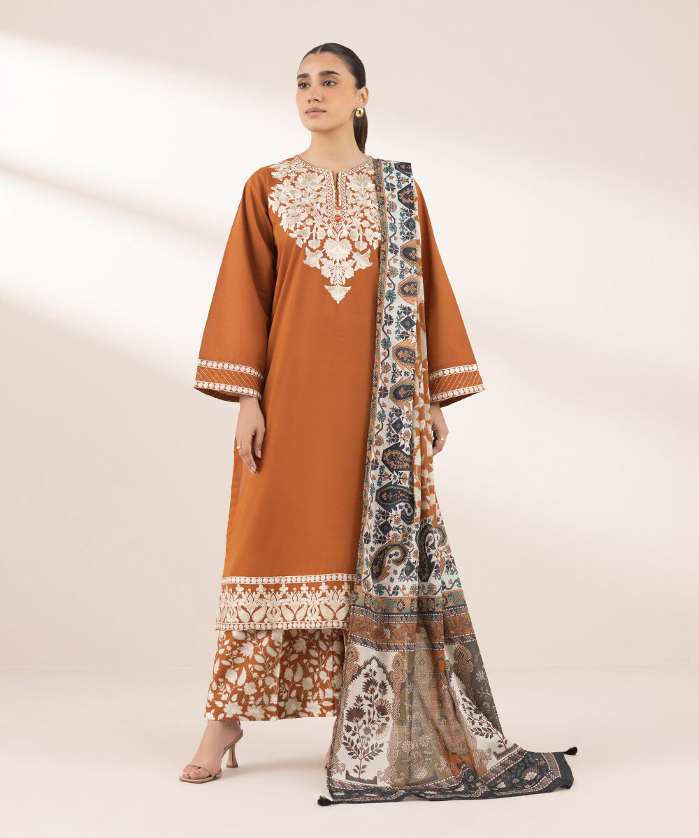 Women's RTW Textured Lawn Brown Embroidered A-Line Shirt