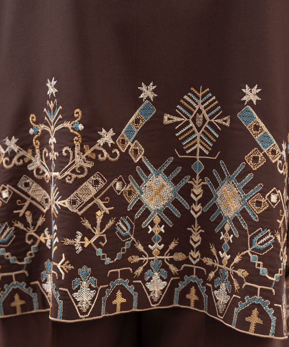 Women's RTW Khaddar Embroidered Straight Brown Shirt