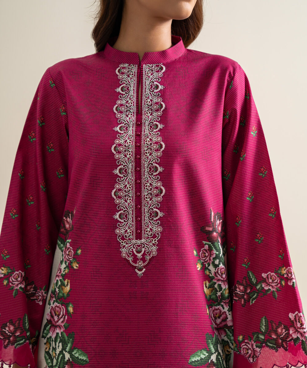 Women's Unstitched Zari Cotton Embroidered Pink 3 Piece Suit