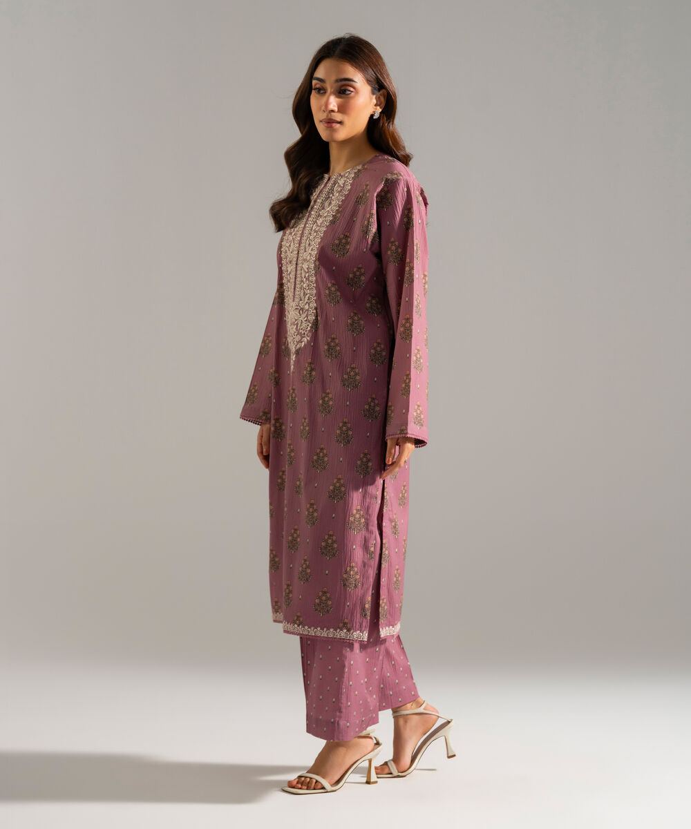 Women's RTW Seersucker Embroidered Pink 2 Piece Suit