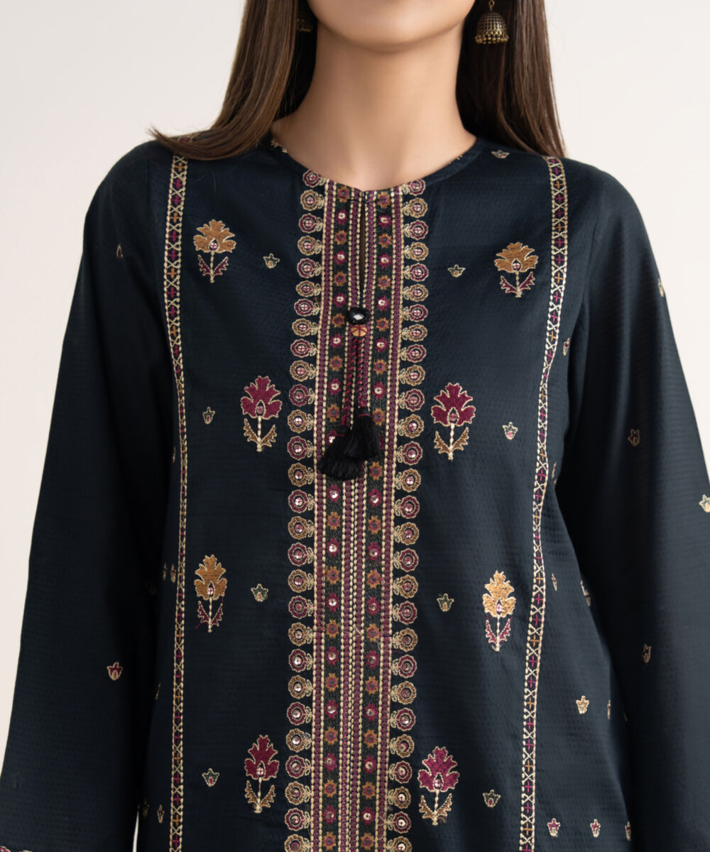 Women's RTW Textured Cotton Black Embroidered A-Line Shirt