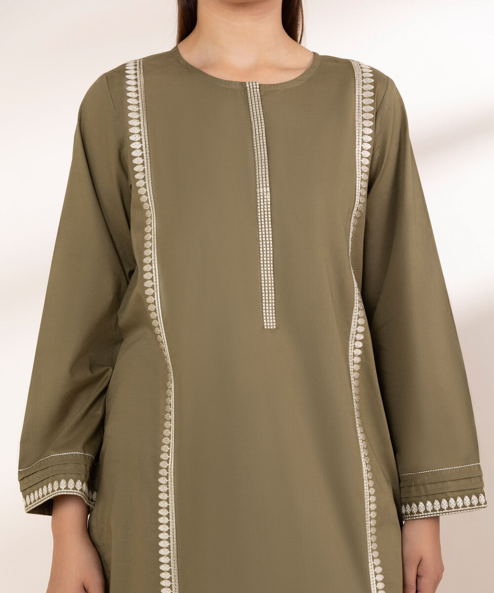 Women's RTW Textured Lawn Green Embroidered A-Line Shirt