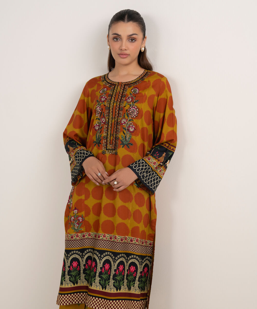 Women's RTW Arabic Lawn Orange Printed Aline Shirt