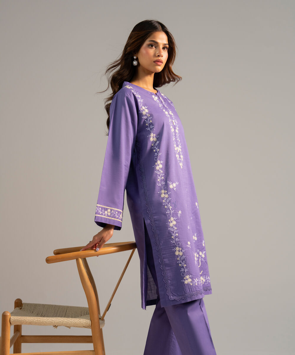 Women's RTW Crosshatch Embroidered Purple Straight Shirt