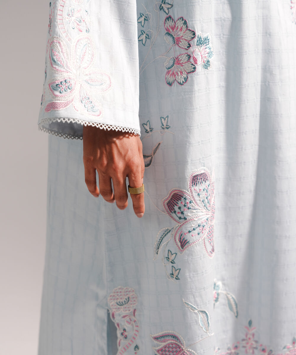 Women's RTW Dobby Embroidered Straight Light Blue Shirt