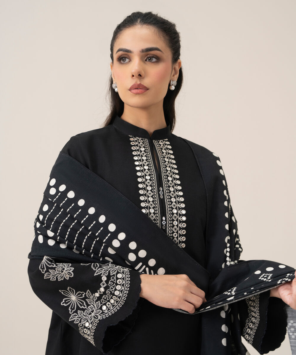 Women's Unstitched Lawn Embroidered Black 3 Piece Suit