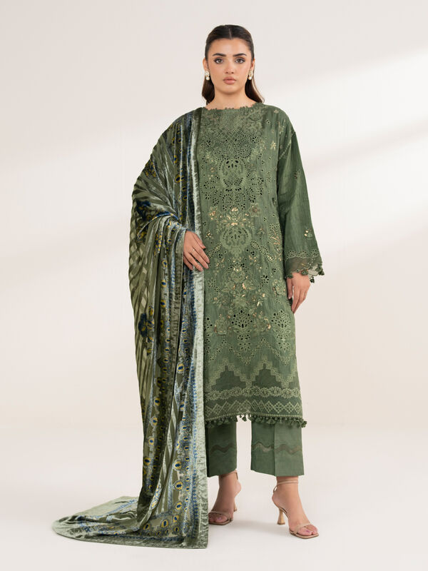 3 Piece - Embroidered Viscose Raw Silk Suit