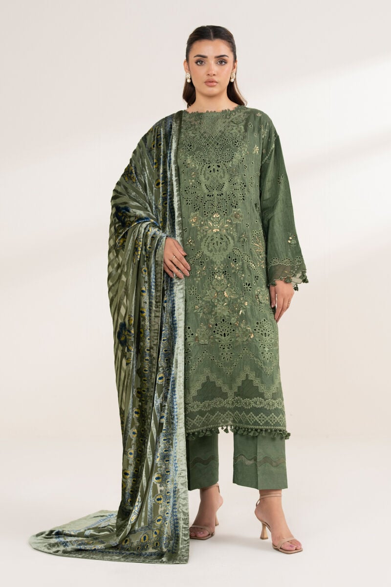 3 Piece - Embroidered Viscose Raw Silk Suit