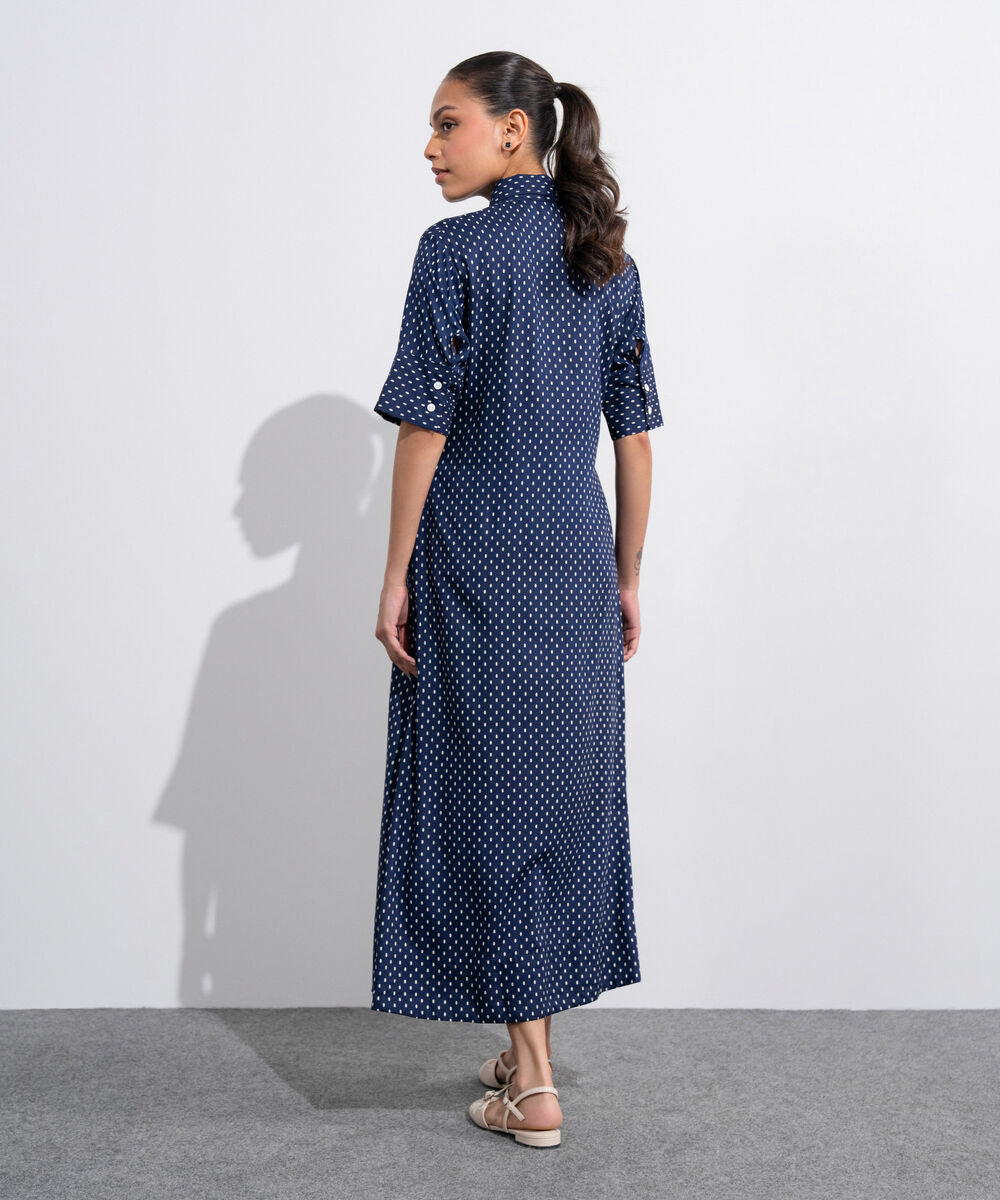 Women's Western Blue And  White Polka Dots Flowy Dress