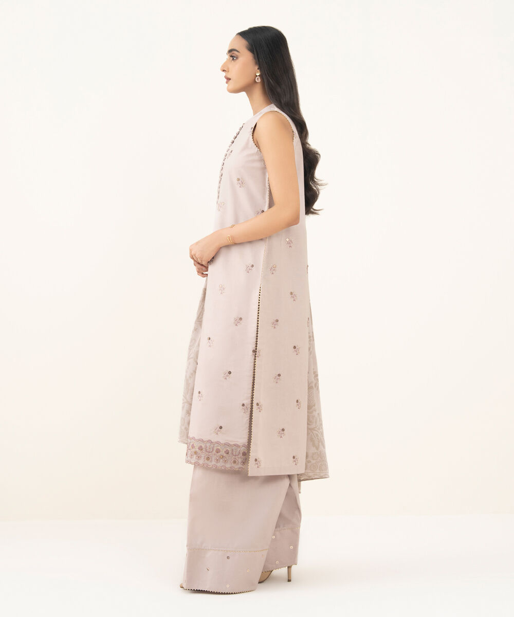 Women's Unstitched Embroidered Cotton Light Tea Pink 3 Piece Suit