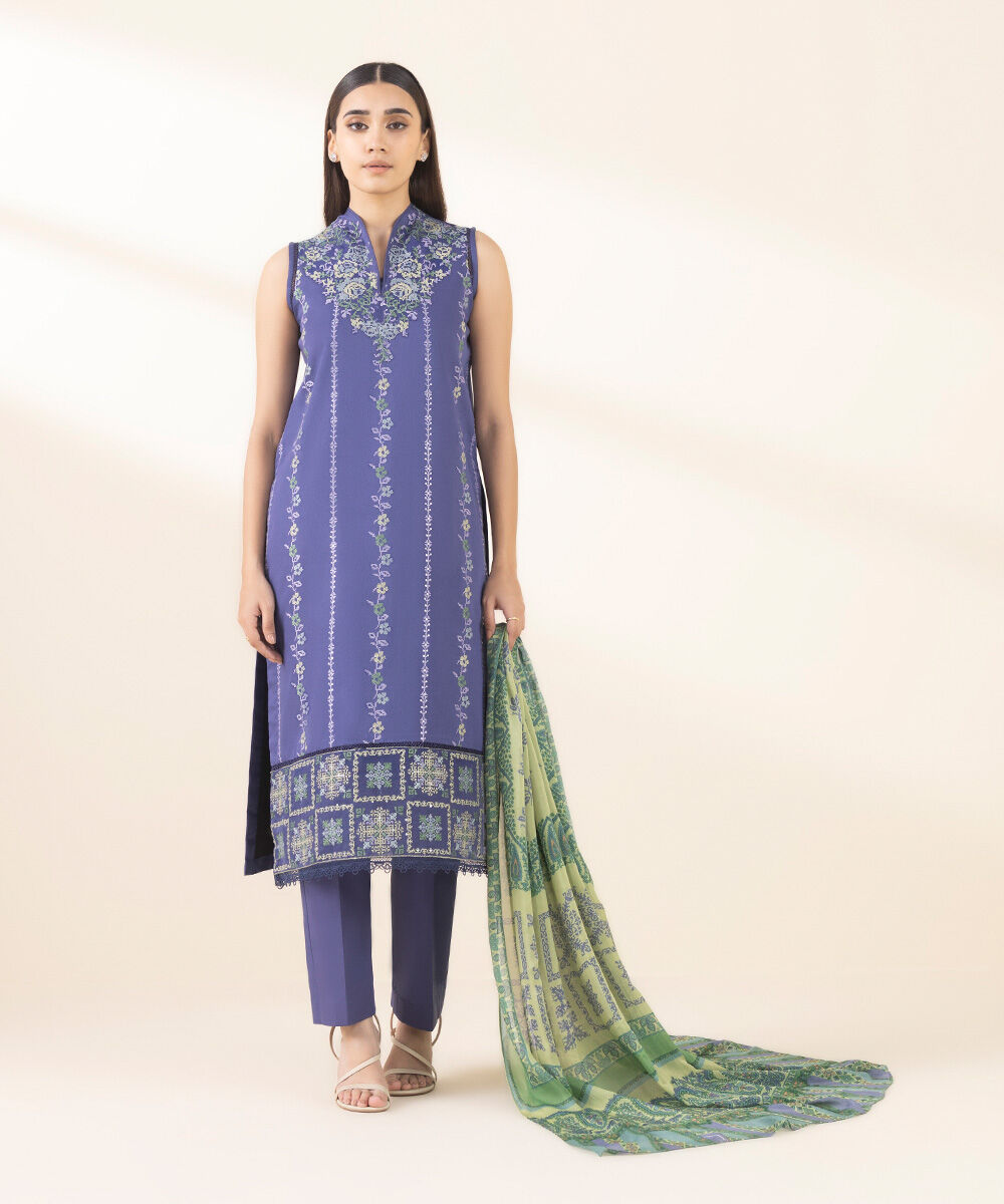 Unstitched Women's Embroidered Fine Cotton Satin Blue Three Piece Suit