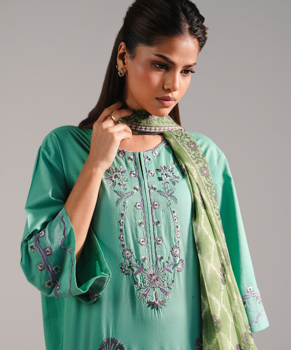 Women's RTW Dobby Embroidered Green 3 Piece Suit