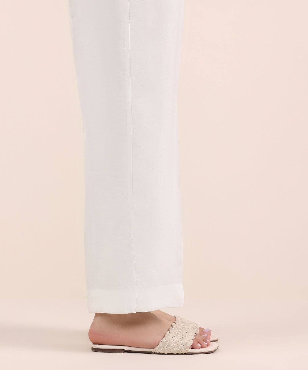 Woman - White Raw Silk Straight Pants