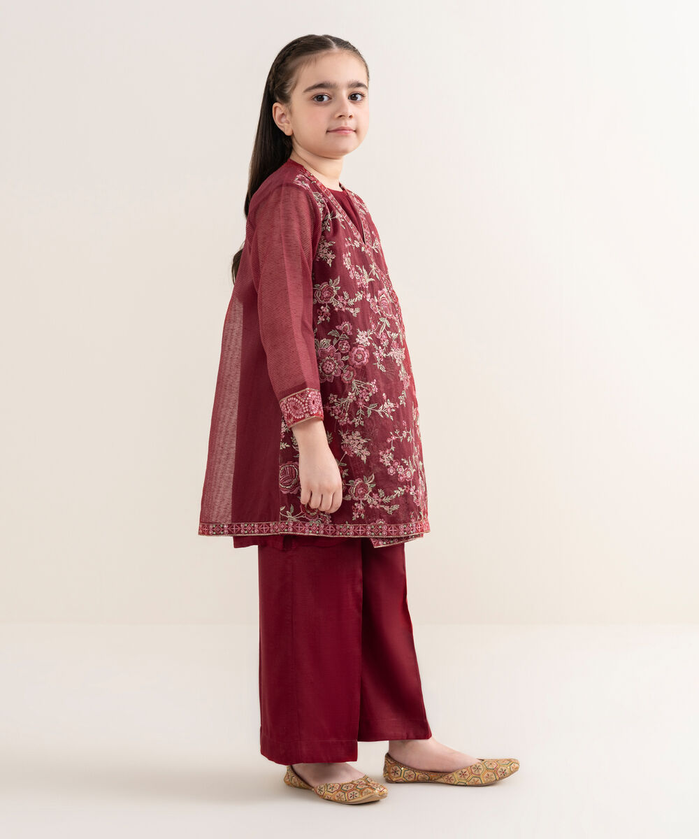 Girl's Blended Textured Karandi Embroidered Red 2 Piece Suit