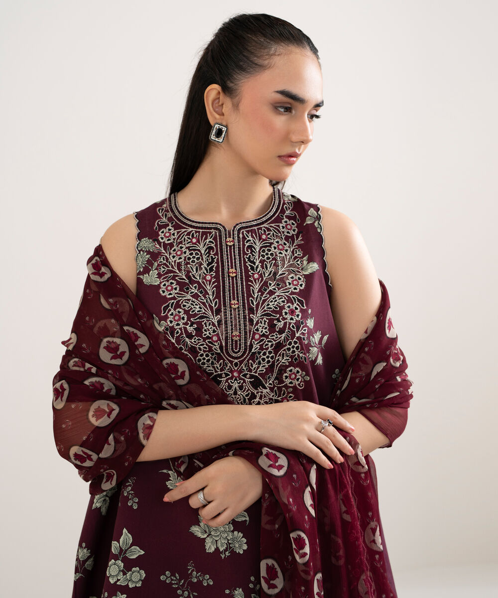 Women's Unstitched Cotton Embroidered Red