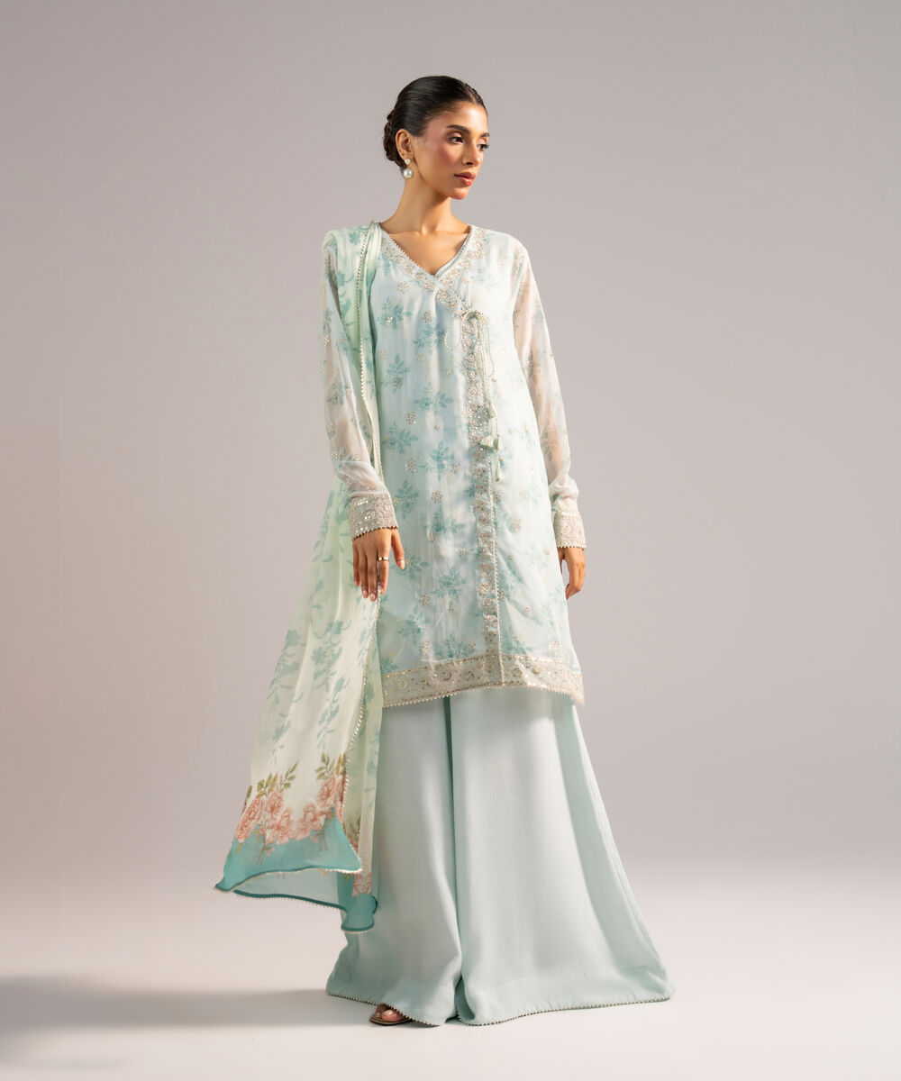 Women's RTW Chiffon Embroidered Blue 3 Piece Suit