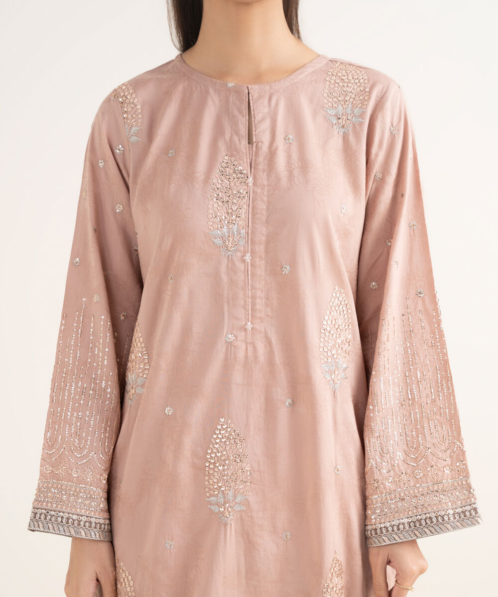 Women's RTW Self Jacquard Leno Embroidered Dusty Pink Straight Shirt