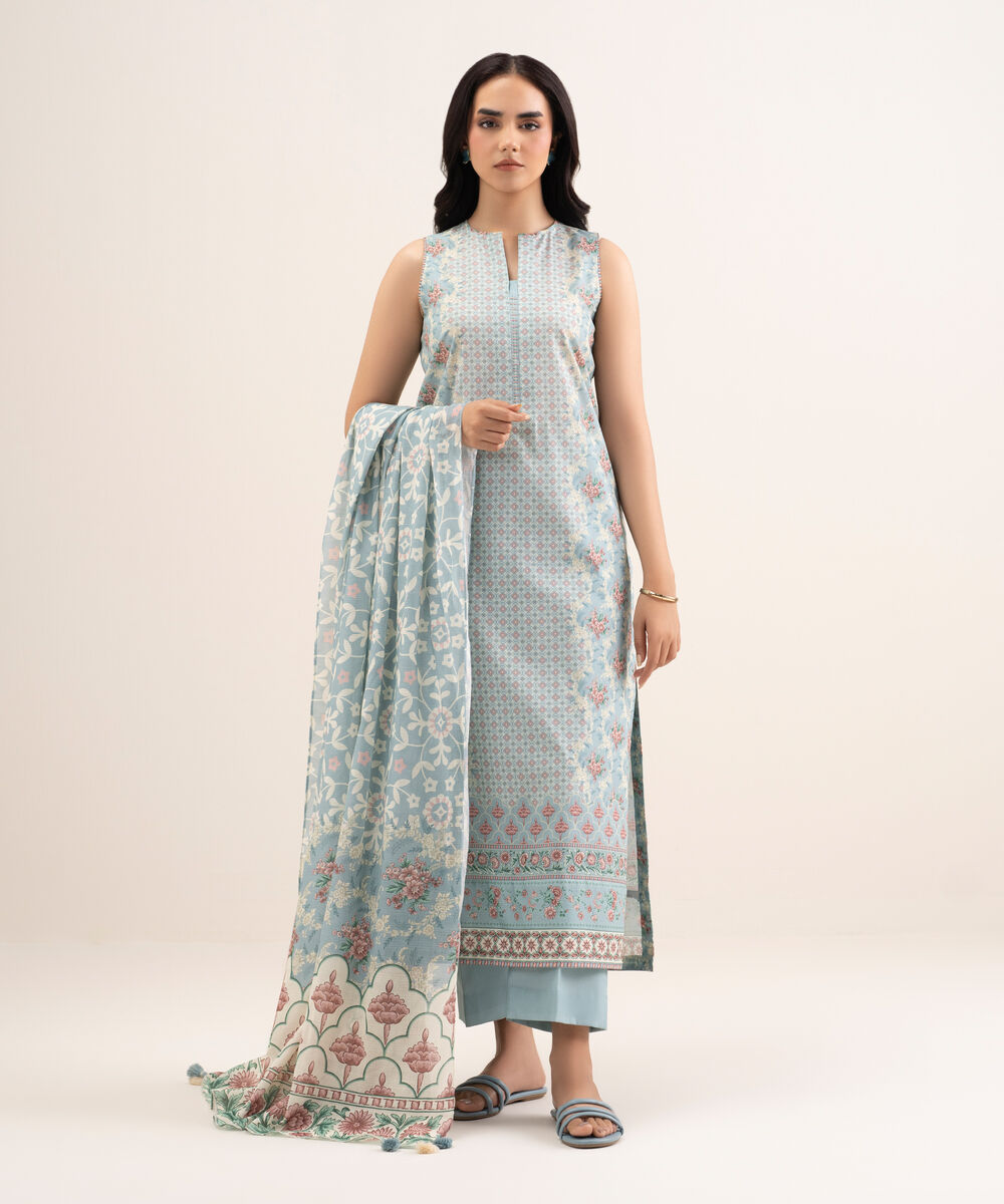 Women's Unstitched Lawn Printed Blue 3 Piece Suit