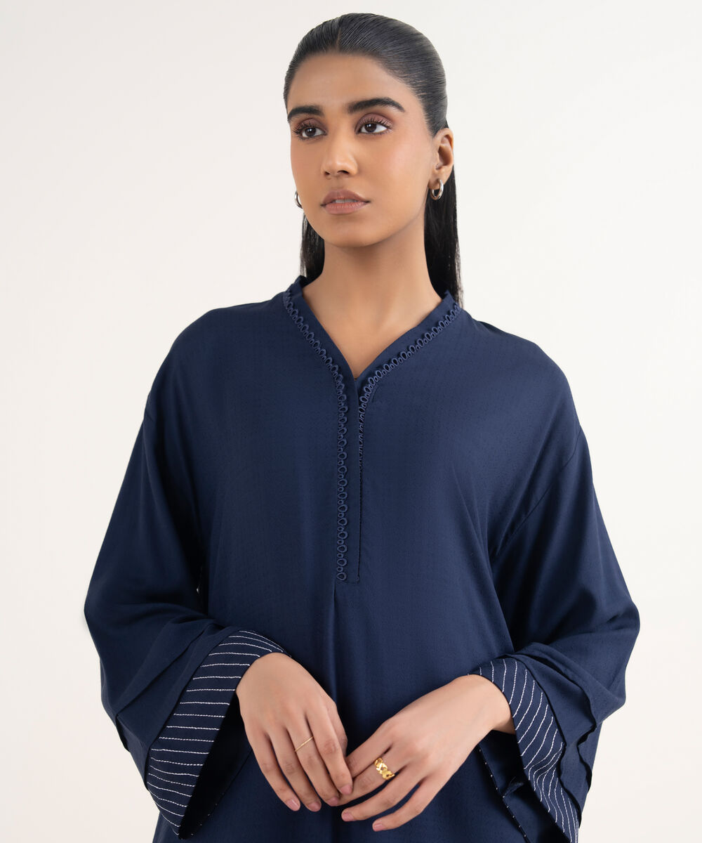 Women's RTW Textured Arabic Lawn Solid Blue Drop Shoulder Shirt