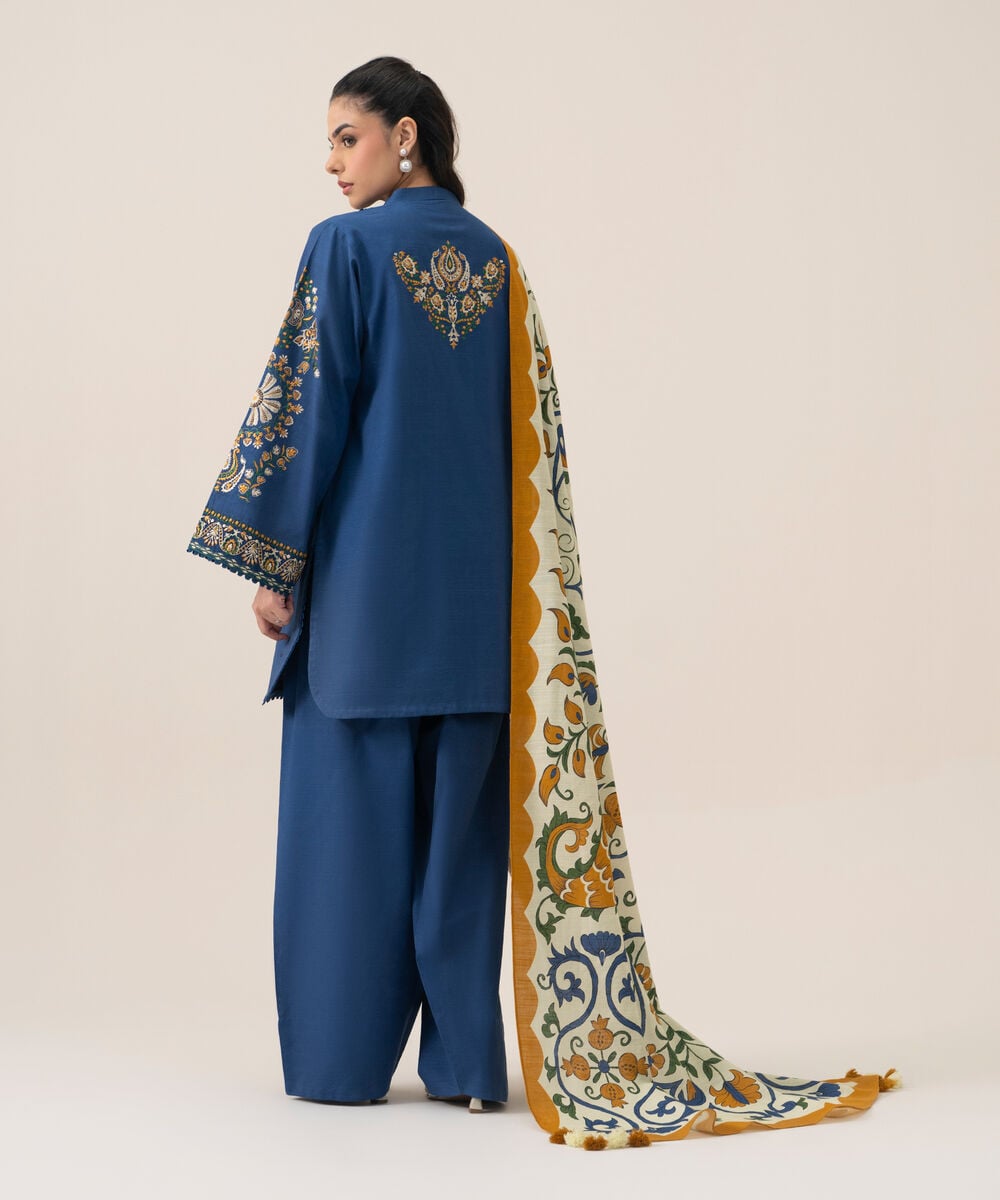 Women's Unstitched Cotton Embroidered Blue 3 Piece Suit
