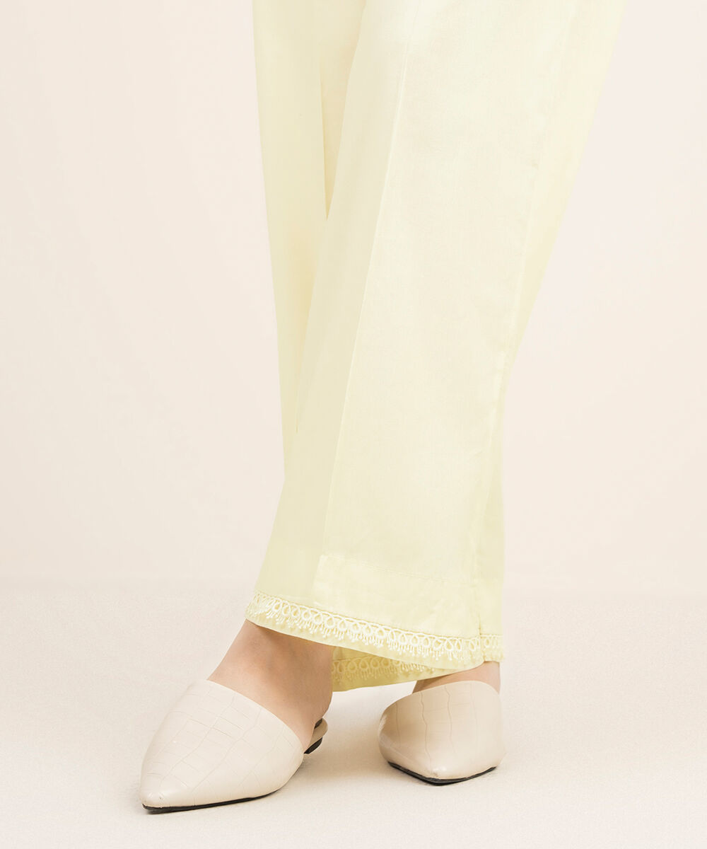 Women's RTW Cotton Viscose Solid Off White Straight Pants